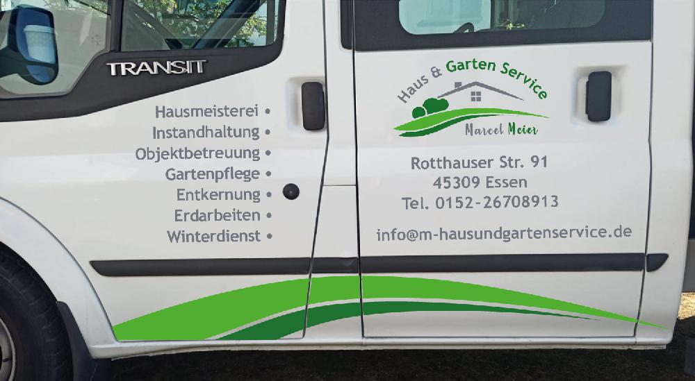 Fahrzeugbeschriftung Ford Transit für Marcel Meier von H.D.E Haus & Gartenservice in Essen