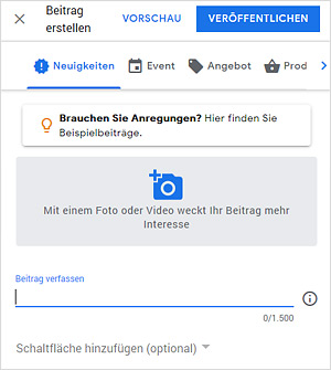Neuen Beitrag verfassen mit Bild, Text + Schaltfläche (optional)