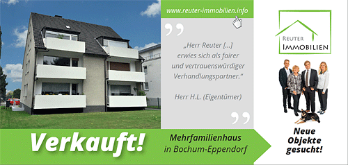 Werbepostkarte über das verkauftes Mehrfamilienhausin Bochum Eppendorf für Tim Reuter Immobilien