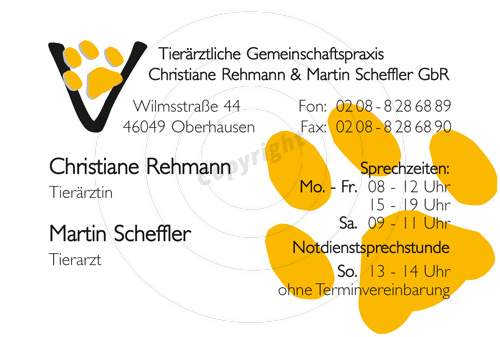 Visitenkarte gestalten Vorderseite Beispiel Tierärztliche Gemeinschaftspraxis Christiane Rehmann & Martin Scheffler GbR