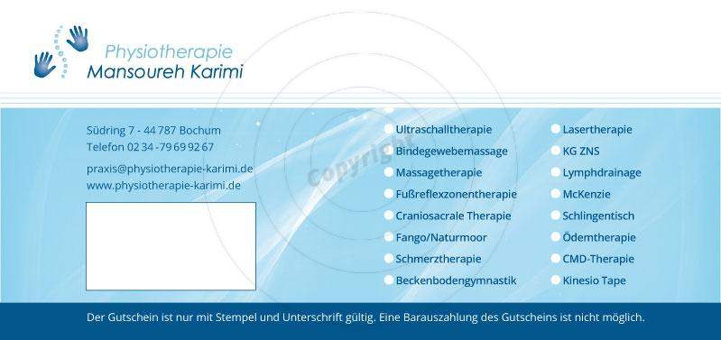 Werbeartikel und diverse Printmedien gestalten Beispiel Physiotherapie Mansoureh K.